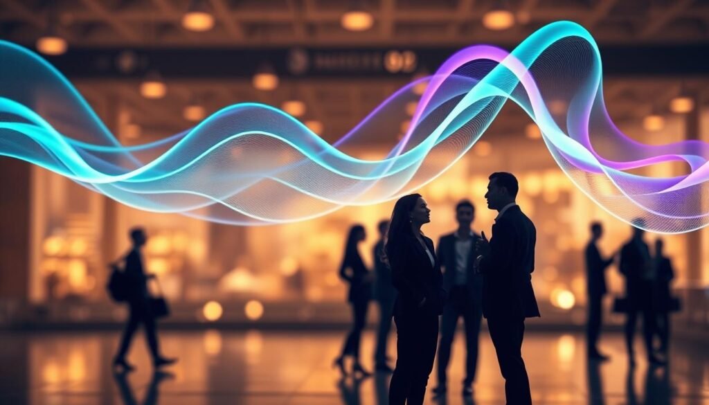 A visually striking representation of "voice" manifested as flowing sound waves that intertwine through the air, symbolizing human conversation patterns. In the foreground, elegant sound waves, illuminated with soft, vibrant colors—blues, greens, and purples—create a dynamic contrast against a warm background. The middle ground features abstract silhouettes of diverse individuals engaged in conversation, depicted in professional business attire, their mouths open in mid-speech, radiating energy. In the background, a blurred cityscape suggests a bustling environment, enhancing the sense of scale and complexity in communication. The lighting is warm and inviting, with a soft glow that evokes a sense of connection and engagement. Overall, the mood is vibrant and thought-provoking, illustrating the intricate relationship between technology and human speech behavior. A visually striking representation of "voice" manifested as flowing sound waves that intertwine through the air, symbolizing human conversation patterns. In the foreground, elegant sound waves, illuminated with soft, vibrant colors—blues, greens, and purples—create a dynamic contrast against a warm background. The middle ground features abstract silhouettes of diverse individuals engaged in conversation, depicted in professional business attire, their mouths open in mid-speech, radiating energy. In the background, a blurred cityscape suggests a bustling environment, enhancing the sense of scale and complexity in communication. The lighting is warm and inviting, with a soft glow that evokes a sense of connection and engagement. Overall, the mood is vibrant and thought-provoking, illustrating the intricate relationship between technology and human speech behavior.