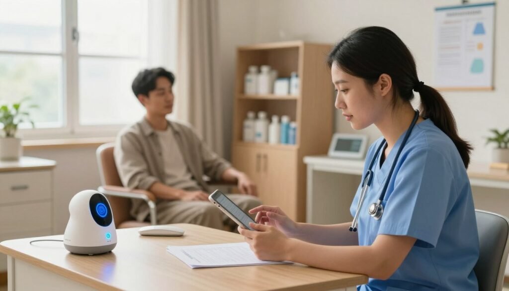 A warm, inviting hospital exam room with soft, natural lighting streaming through a window. In the foreground, a clinician in smart scrubs is attentively interacting with a tablet, while a voice AI assistant device sits on the desk, subtly glowing. In the middle ground, a patient sits relaxed in a comfortable chair, engaging with the clinician, with an air of trust and cooperation. The atmosphere is calm and focused, showcasing the importance of ambient scribing in reducing paperwork and enhancing patient care. In the background, shelves are filled with medical supplies, and a chart hangs on the wall, adding to the professional environment. The scene captures a moment of technological integration in healthcare, promoting a sense of ease and efficiency, visually highlighting the benefits of AI in medicine.