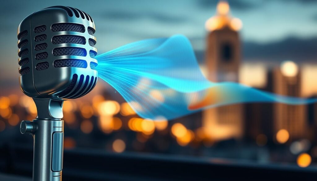 An abstract representation of "voice cloning audio", featuring a futuristic soundwave emerging from a sleek, high-tech microphone in the foreground. The microphone is polished silver with intricate circuitry, exuding an aura of advanced technology. In the middle ground, visualized sound waves ripple outward in vibrant gradients of blue and green, symbolizing the transformation of digital voice into human-like audio. The background consists of a softly blurred cityscape at dusk, bathed in warm ambient lights, creating a harmonious blend of technology and human context. The scene is illuminated by soft, dramatic lighting that casts gentle shadows, creating an inviting yet sophisticated atmosphere. The overall mood should evoke a sense of innovation and connection between machine and human voice, underscoring the essence of voice cloning that embodies human-like qualities.