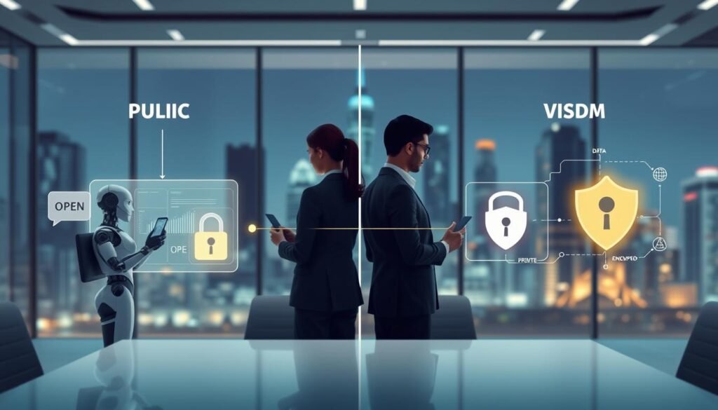 An illustration depicting data privacy models, with a balanced contrast between public chatbots and private AI systems. In the foreground, a sleek, modern office environment shows a diverse group of three professionals in business attire analyzing data on digital screens. In the middle layer, visual indicators of data flow—represented by glowing lines and secure locks—separate the public chatbot on one side, showing open access symbols, from the private AI system, illustrated with shield icons and encrypted data graphics. The background features a futuristic city skyline representing technological advancements. Soft, ambient lighting creates a professional atmosphere, while a slight depth of field emphasizes the foreground figures, highlighting their engagement with data privacy concepts.