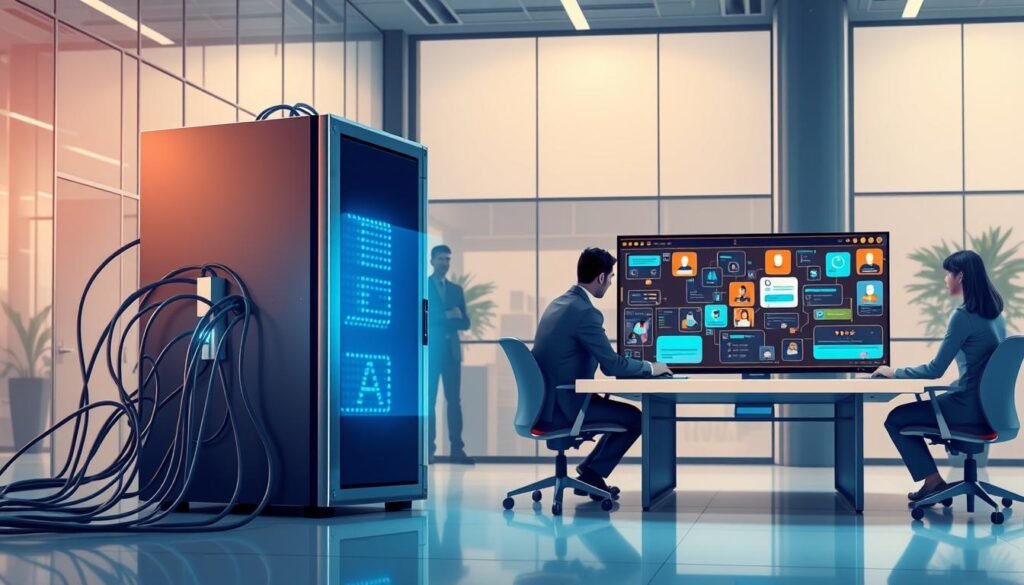In a corporate office setting, create a vivid illustration contrasting private AI and public chatbots. In the foreground, depict a sleek, high-tech private AI system represented by a secure server with glowing blue lights, wires intertwining in a secure manner. In the middle ground, illustrate a large, colorful public chatbot interface on a computer screen, displaying various user interactions. The background should feature a corporate office environment with professionals in business attire discussing data privacy around a modern conference table. Use soft, ambient lighting to create a focused, professional atmosphere, emphasizing the seriousness of data security. Capture the scene from a slightly elevated angle, showcasing the juxtaposition of security and openness in AI systems, reflecting the theme of control and privacy.
