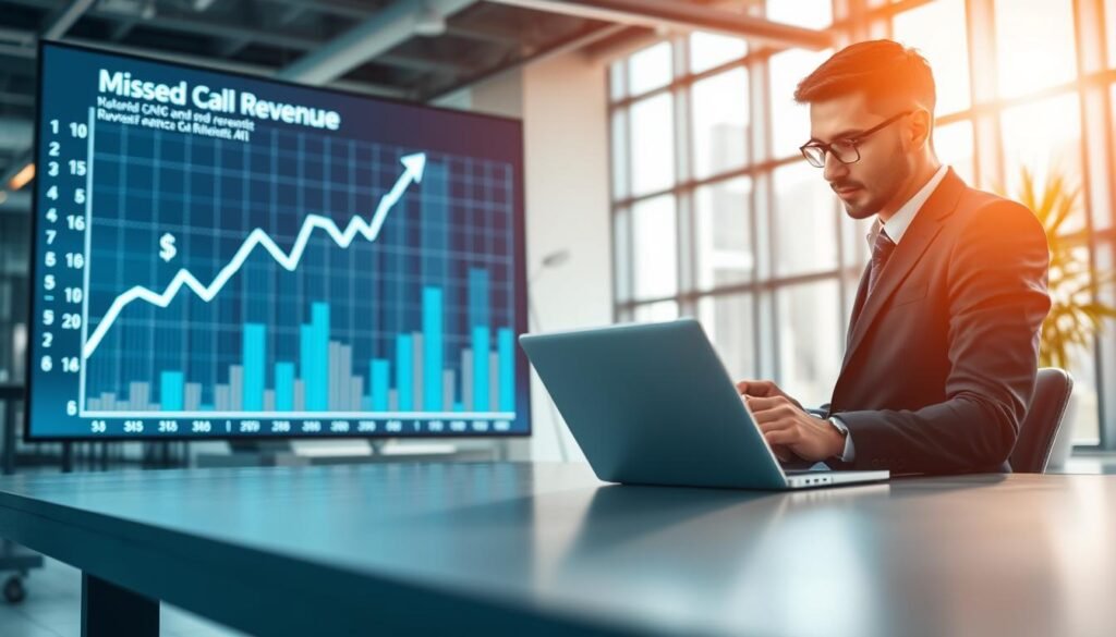 Visualize a modern office environment that embodies the concept of revenue generation from missed call recovery using AI. In the foreground, a professional wearing business attire is intently analyzing data on a sleek laptop. The middle ground features a large digital screen displaying a graph with upward trends and dollar signs, symbolizing increased revenue. The background shows a bright, open office with large windows, allowing soft natural light to pour in, creating a positive and motivating atmosphere. Use a shallow depth of field to focus on the professional and the screen while softening the details in the background. The overall mood should be one of innovation and forward-thinking, reflecting the transformative power of AI in business.